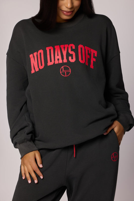"No Days Off" Oversized Crewneck Sweatshirt - Washed Black